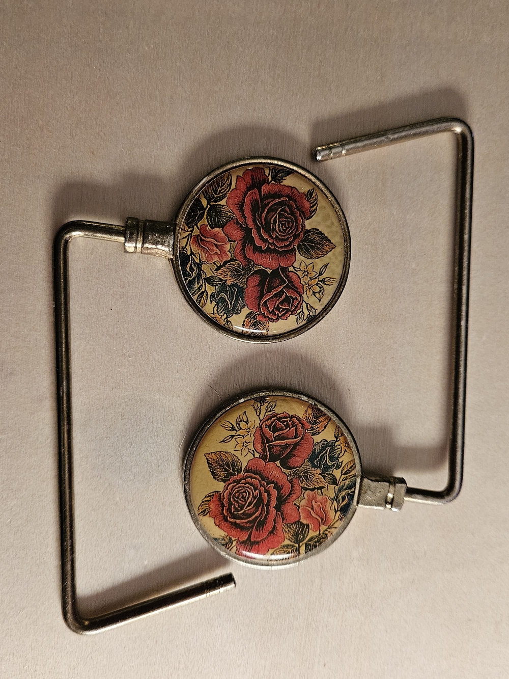 Vintage Floral Rose Purse Hooks — Red Roses on Cream